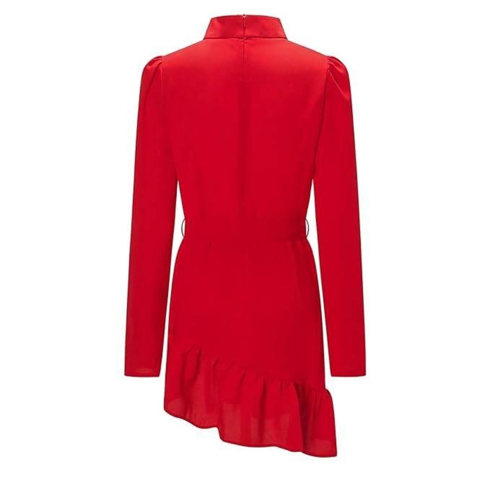 Red Mock Neck Long Sleeve Ruffle Hem Tie Waist Mini Dress Puff Shoulder Size M‎ - Picture 13 of 14